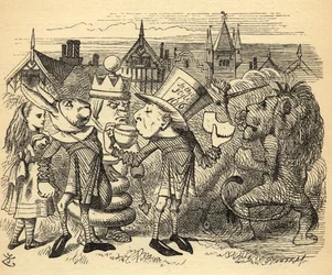O Chapeleiro Maluco, a Lebre, o Rei e Alice, ilustração de "Através do Espelho", de Lewis Carroll (1832-1898), publicado pela primeira vez em 1871